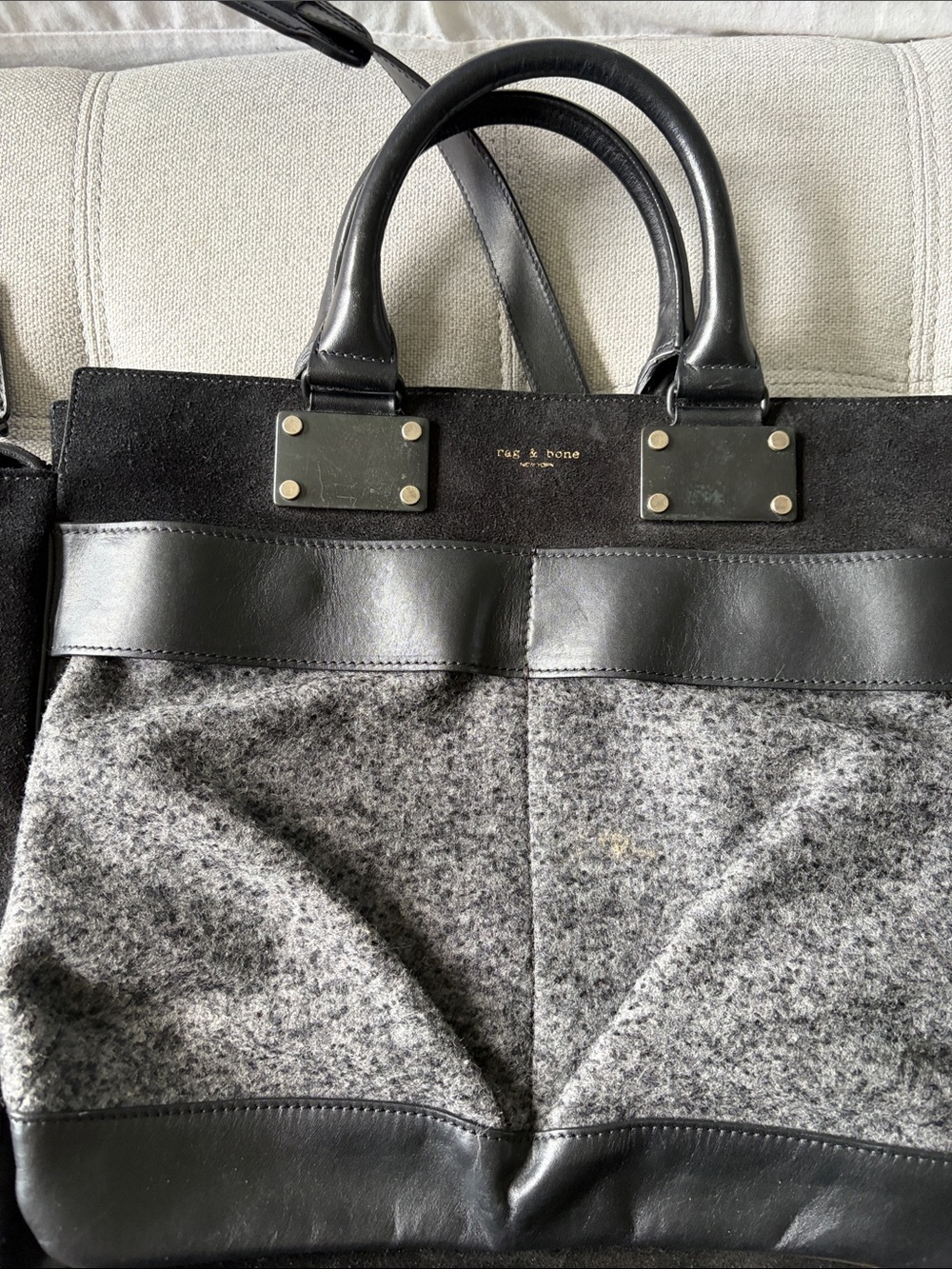 rag & bone Medium Pilot Black Leather and Gray Wool Messenger Tote - Picture 8 of 8